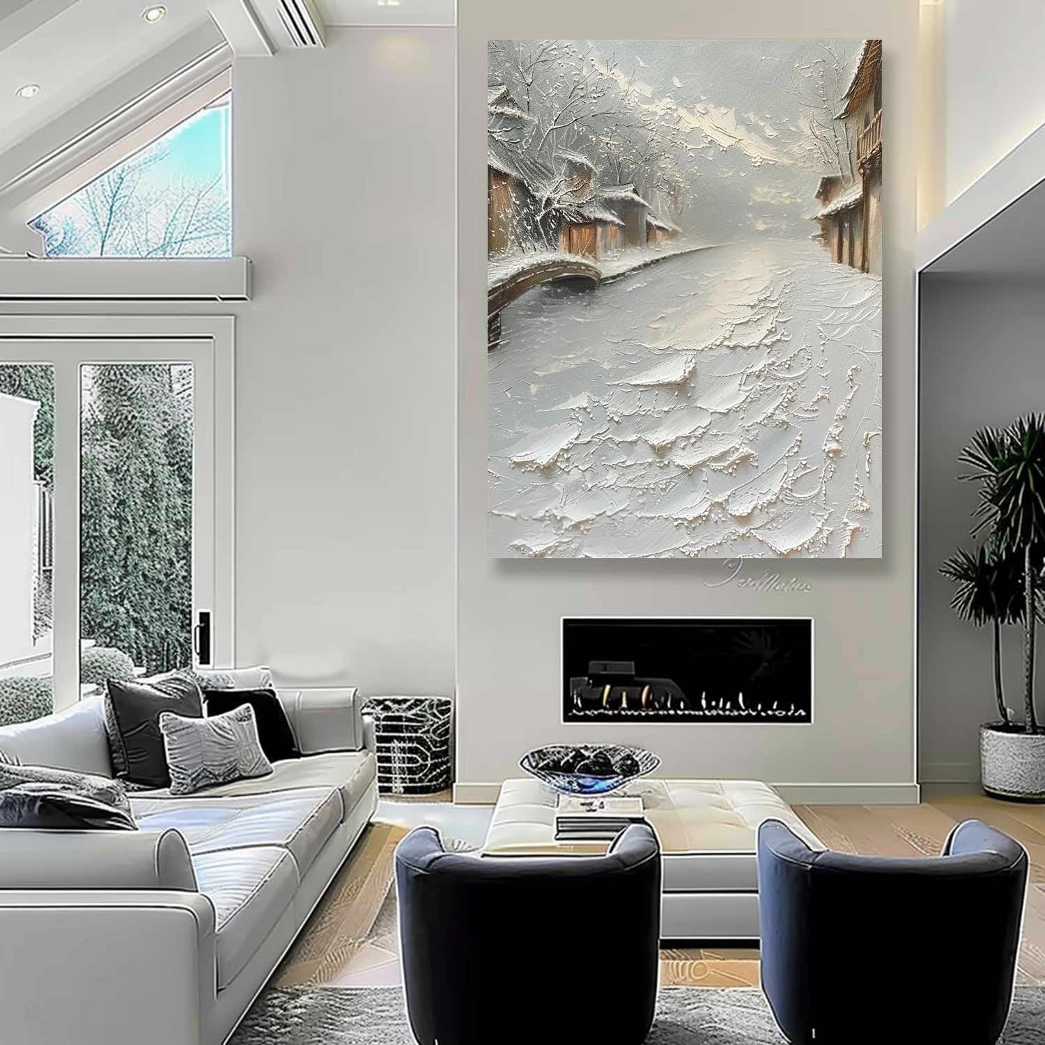 Wall Art Impasto Water Town Winter - Neutralighting