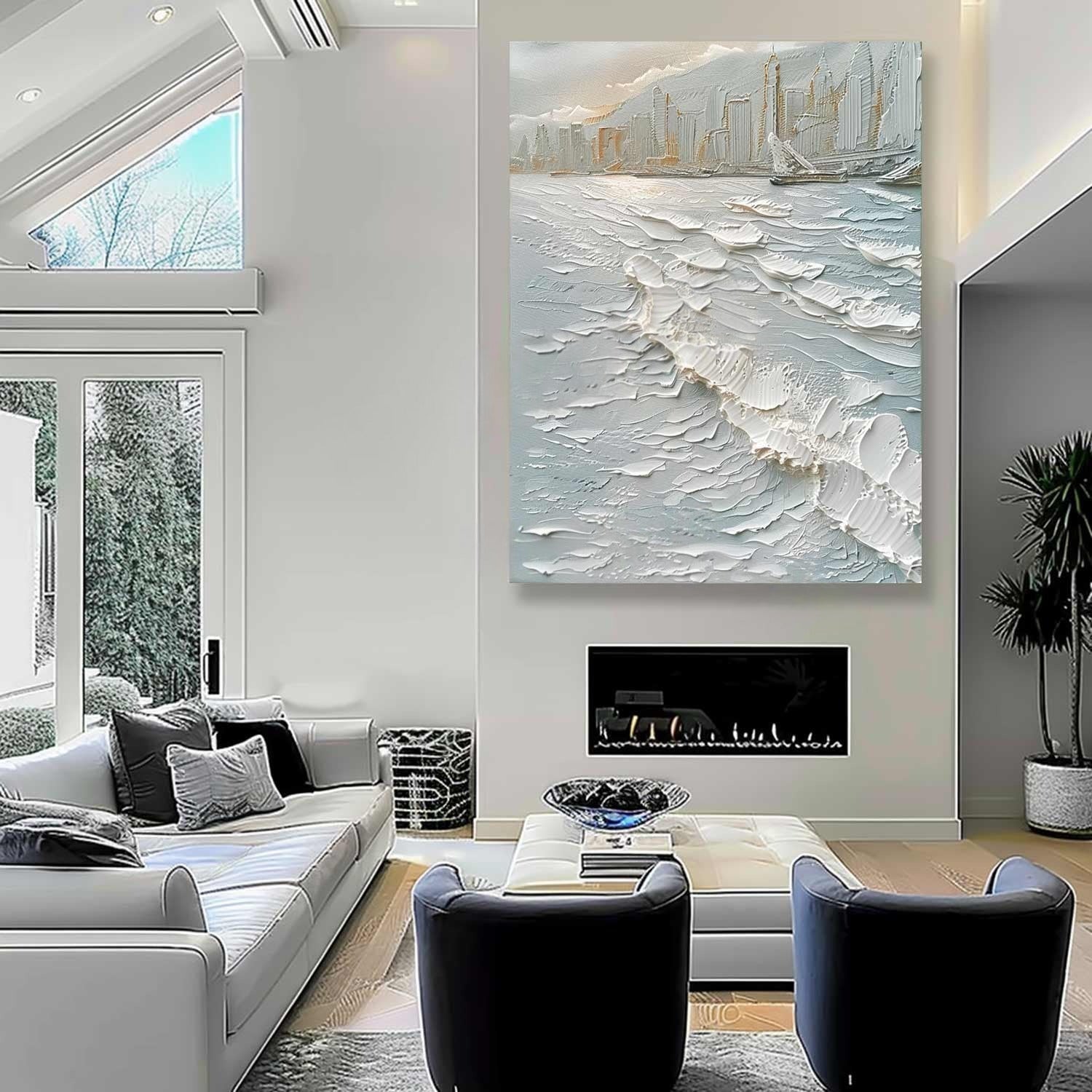 Wall Art Impasto Cityscape Coastal Skyline - Neutralighting