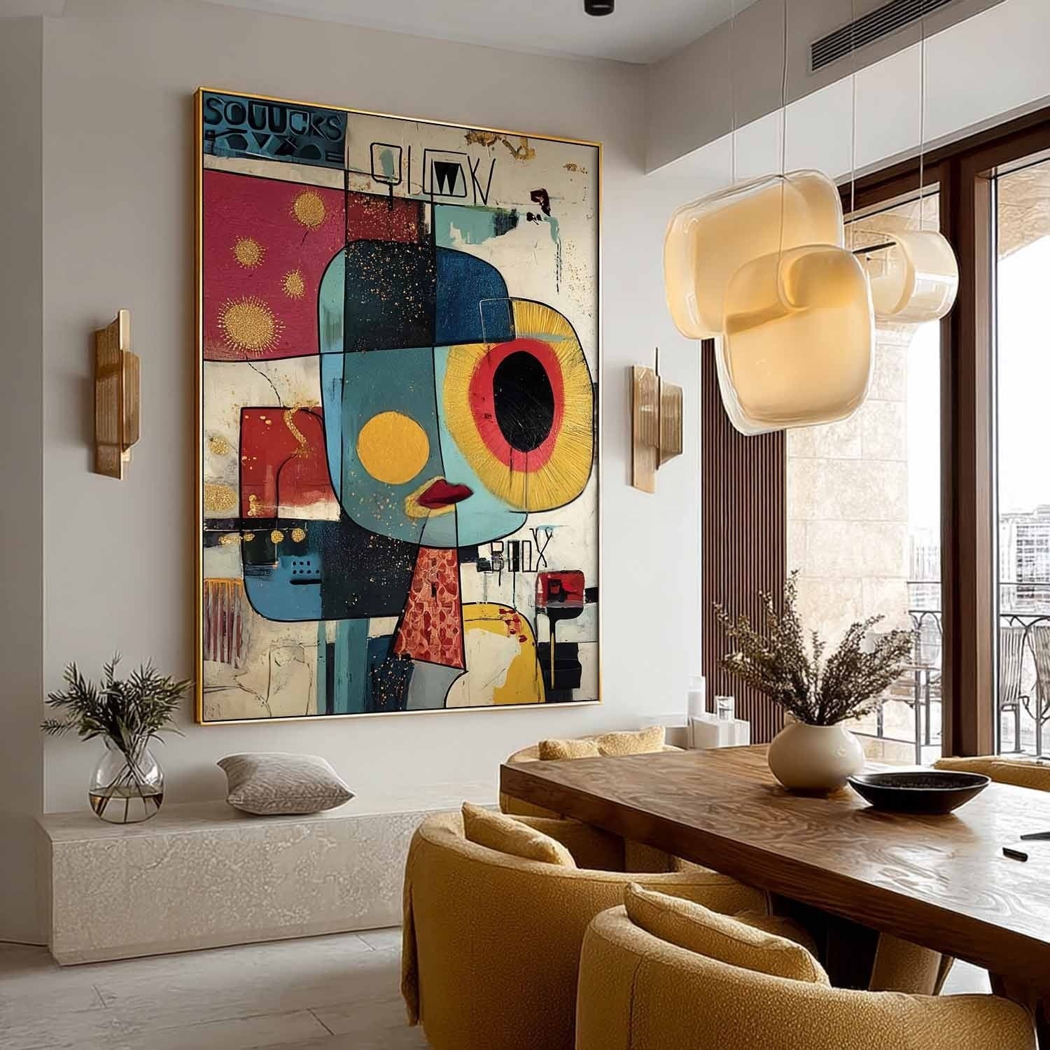 Wall Art Cubist Face Abstract Gold Oil Painting - Neutralighting