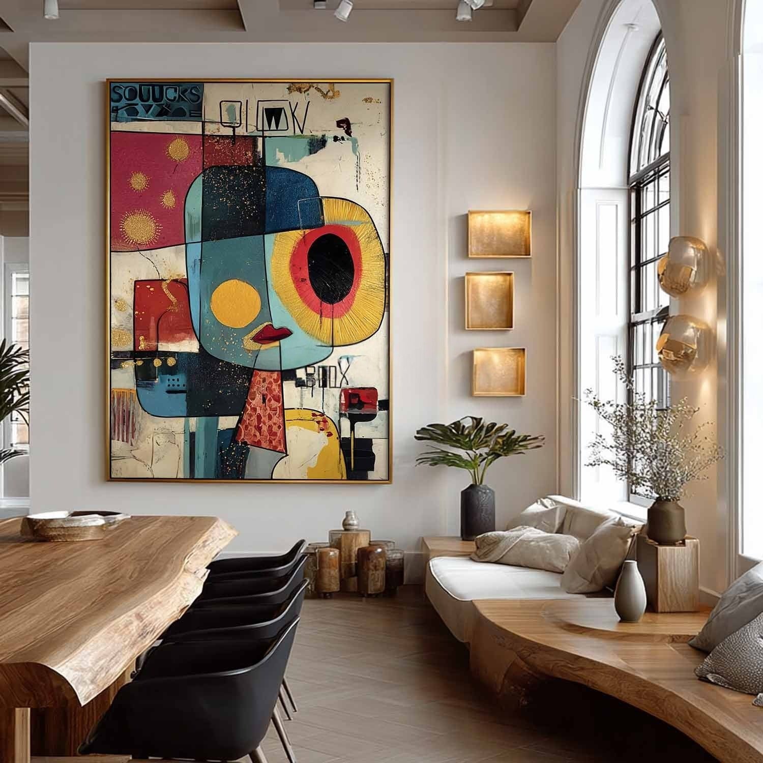 Wall Art Cubist Face Abstract Gold Oil Painting - Neutralighting