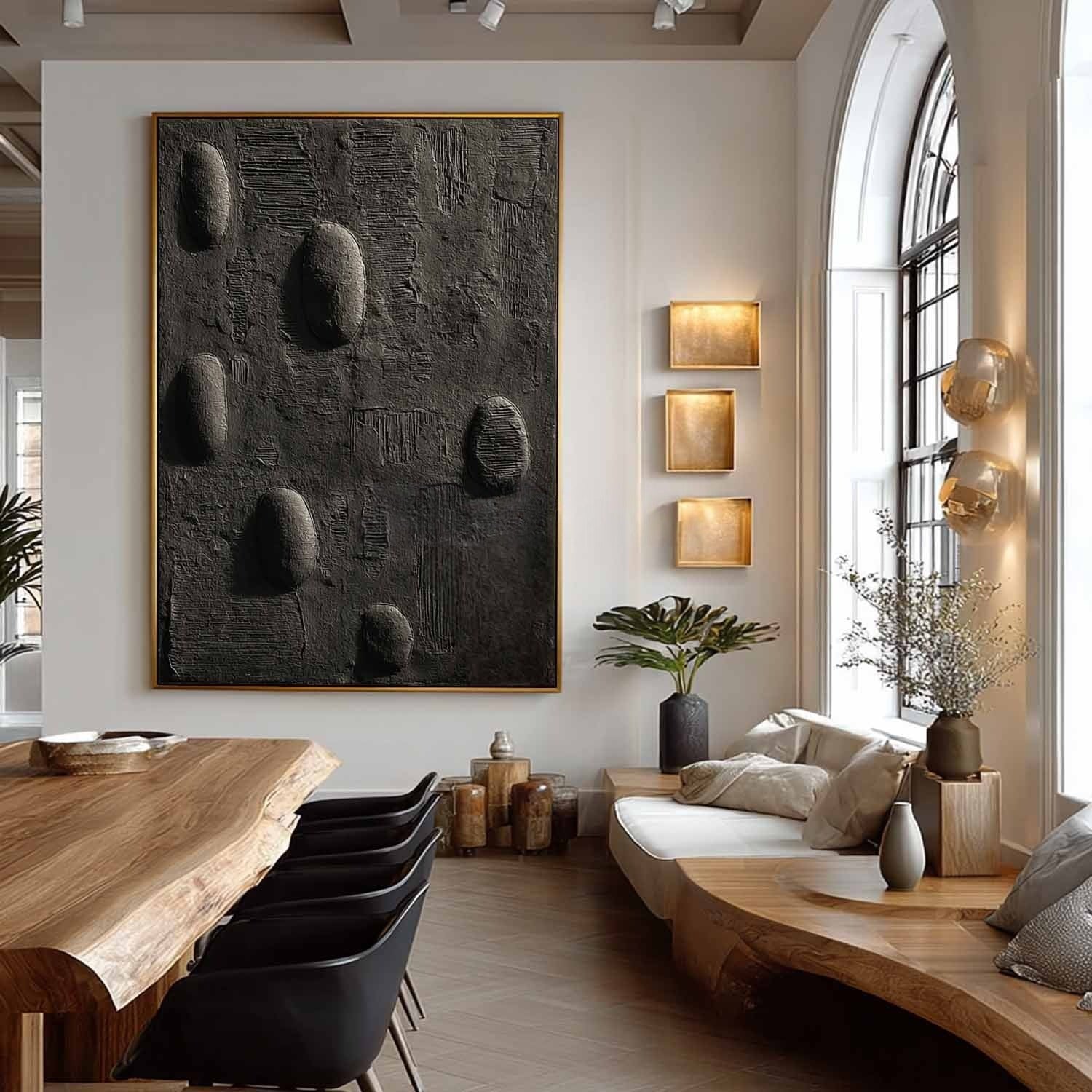 Black Minimalist Pebble Texture Painting - Neutralighting