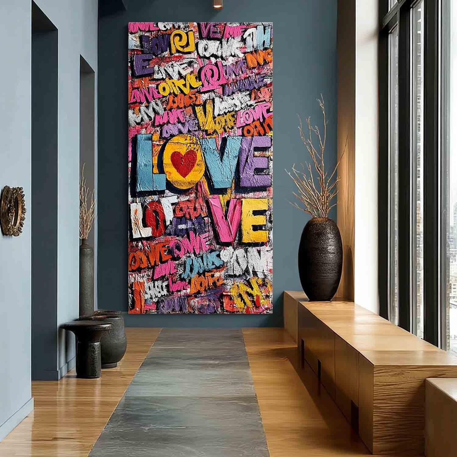 Vertical Graffiti Love Pop Art Impasto Painting - Neutralighting
