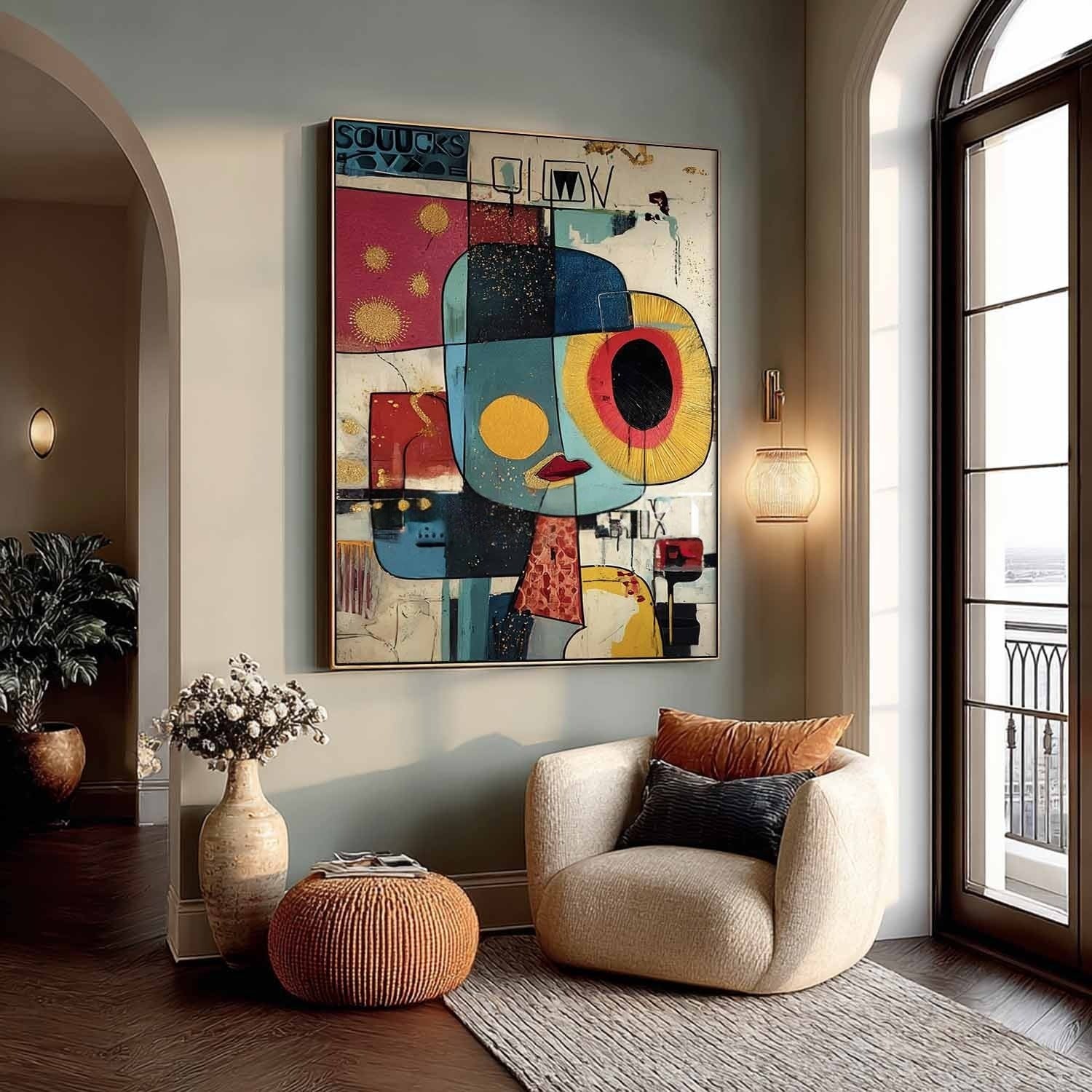 Wall Art Cubist Face Abstract Gold Oil Painting - Neutralighting