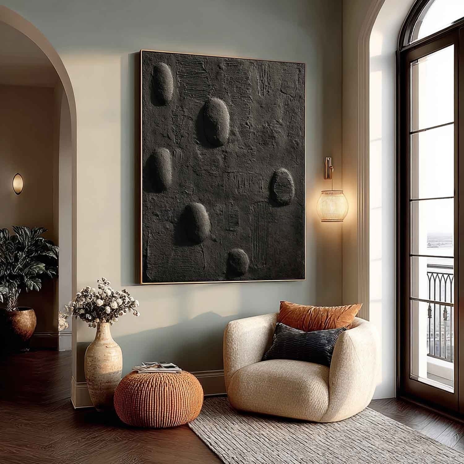Black Minimalist Pebble Texture Painting - Neutralighting