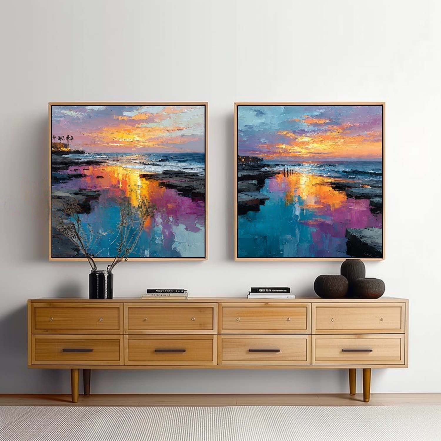 Coastal Sunset Diptych Impasto Painting - Neutralighting