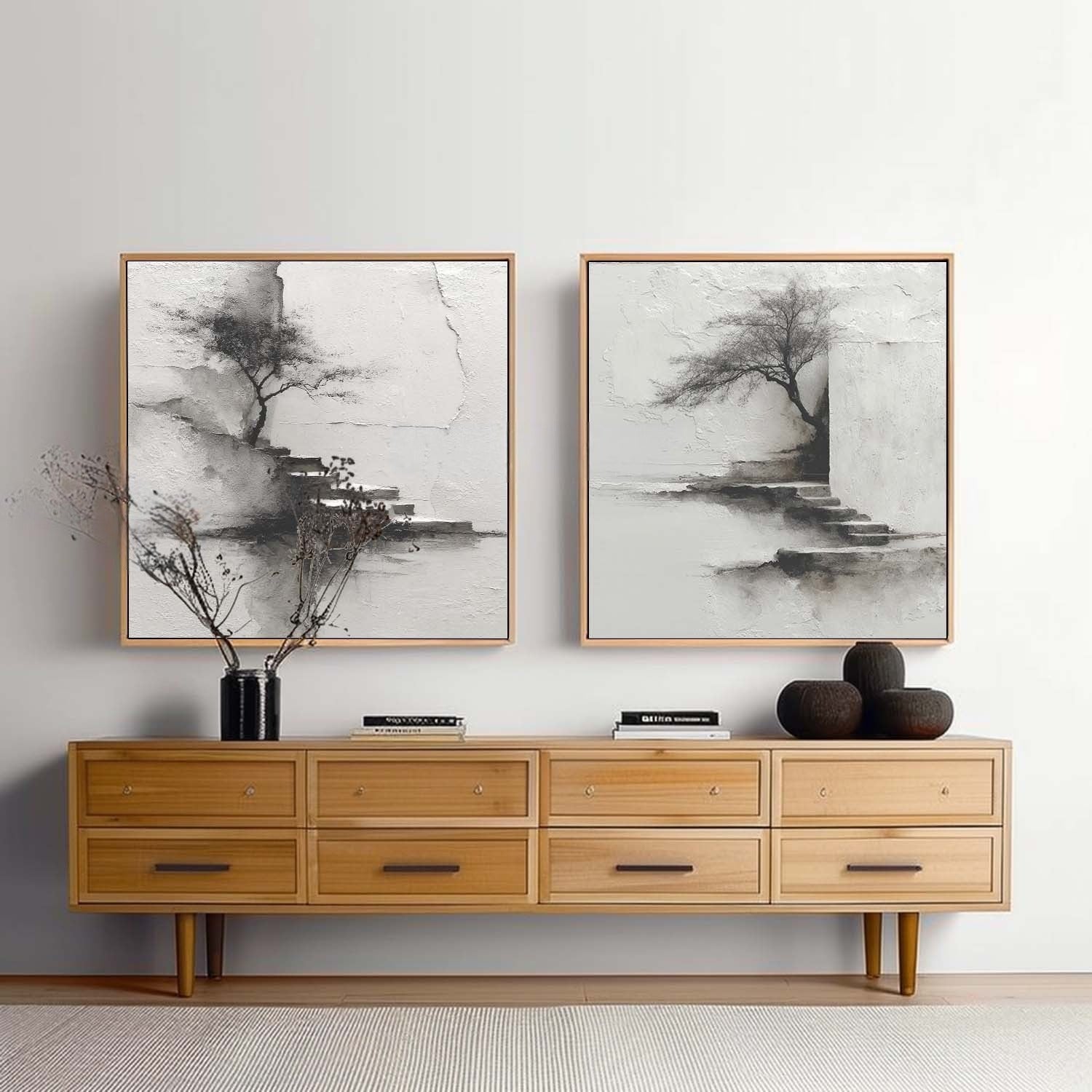Wabi-Sabi Solitary Tree Diptych Painting - Neutralighting