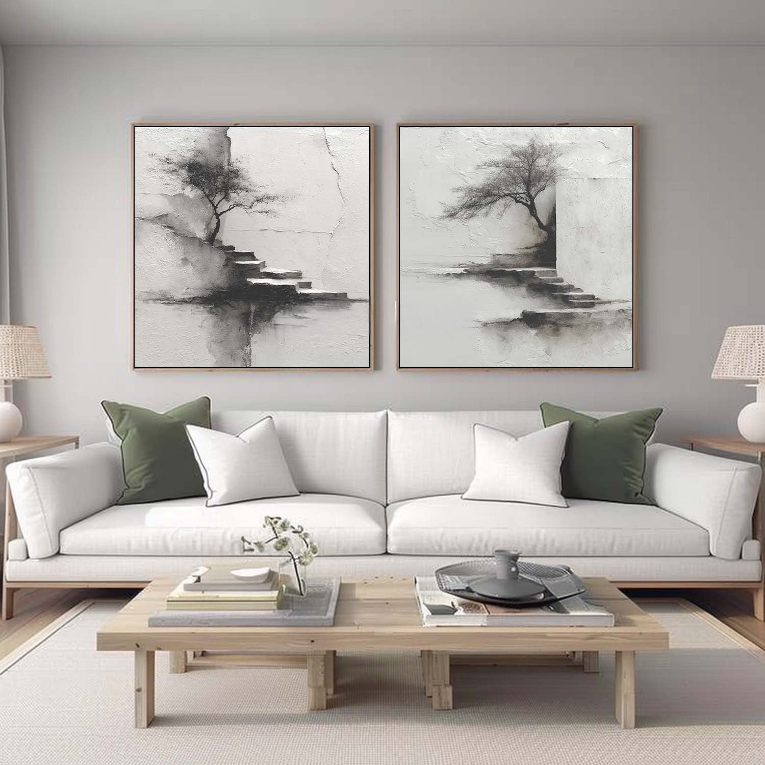 Wabi-Sabi Solitary Tree Diptych Painting - Neutralighting