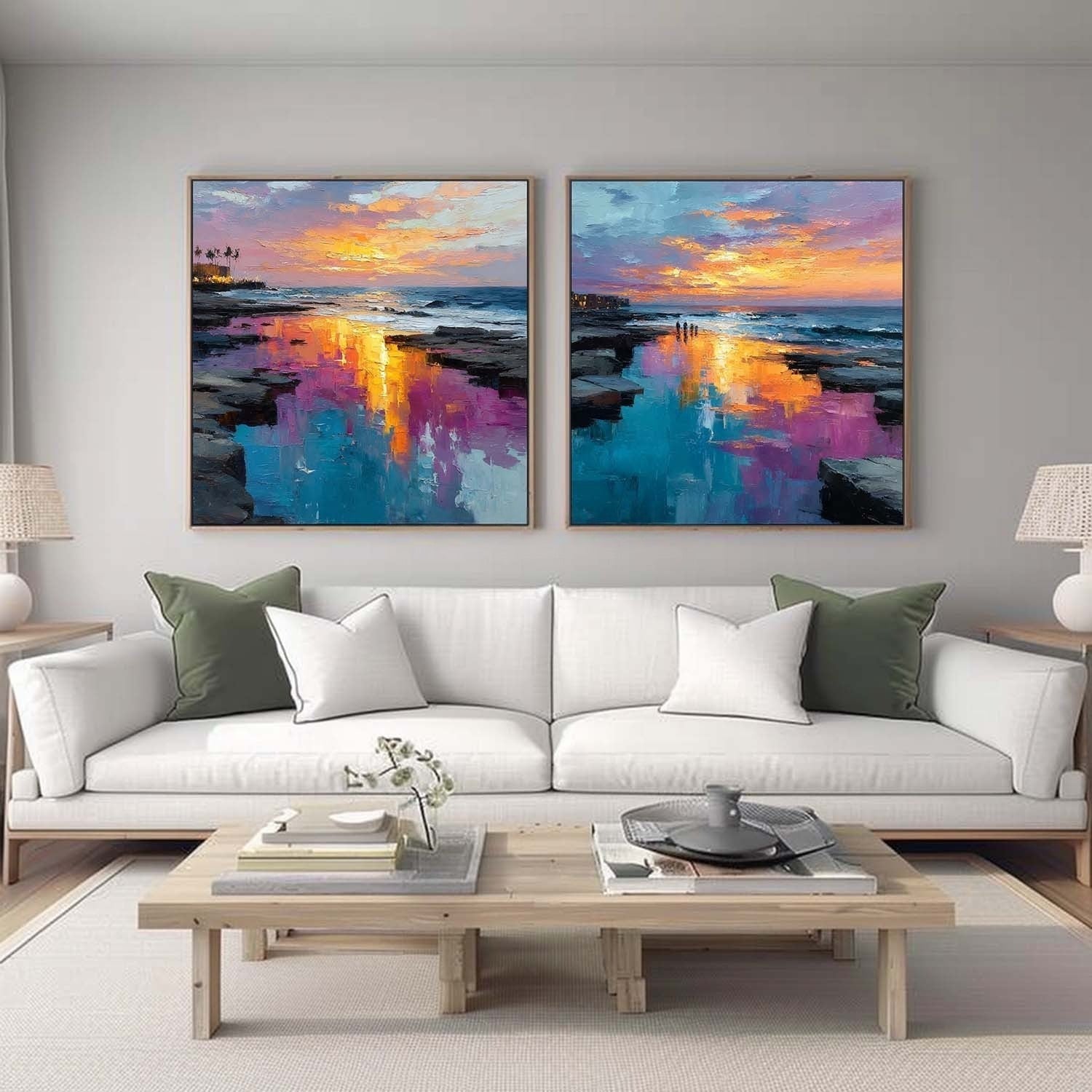 Coastal Sunset Diptych Impasto Painting - Neutralighting