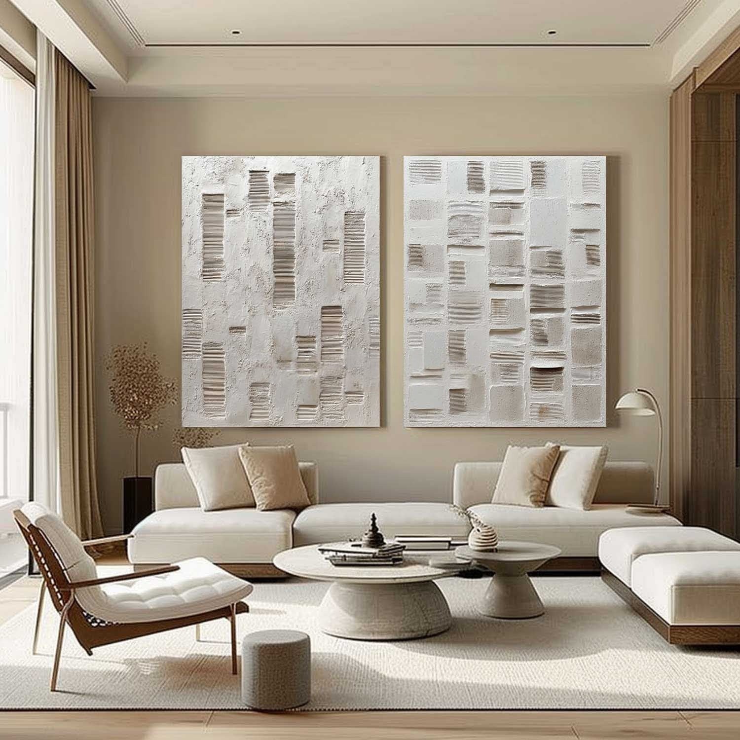 Wall Art Diptych Textured Abstract Geometric Scene Serene Neutral - Neutralighting