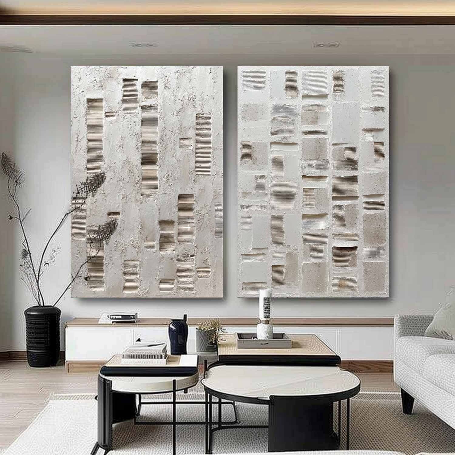 Wall Art Diptych Textured Abstract Geometric Scene Serene Neutral - Neutralighting
