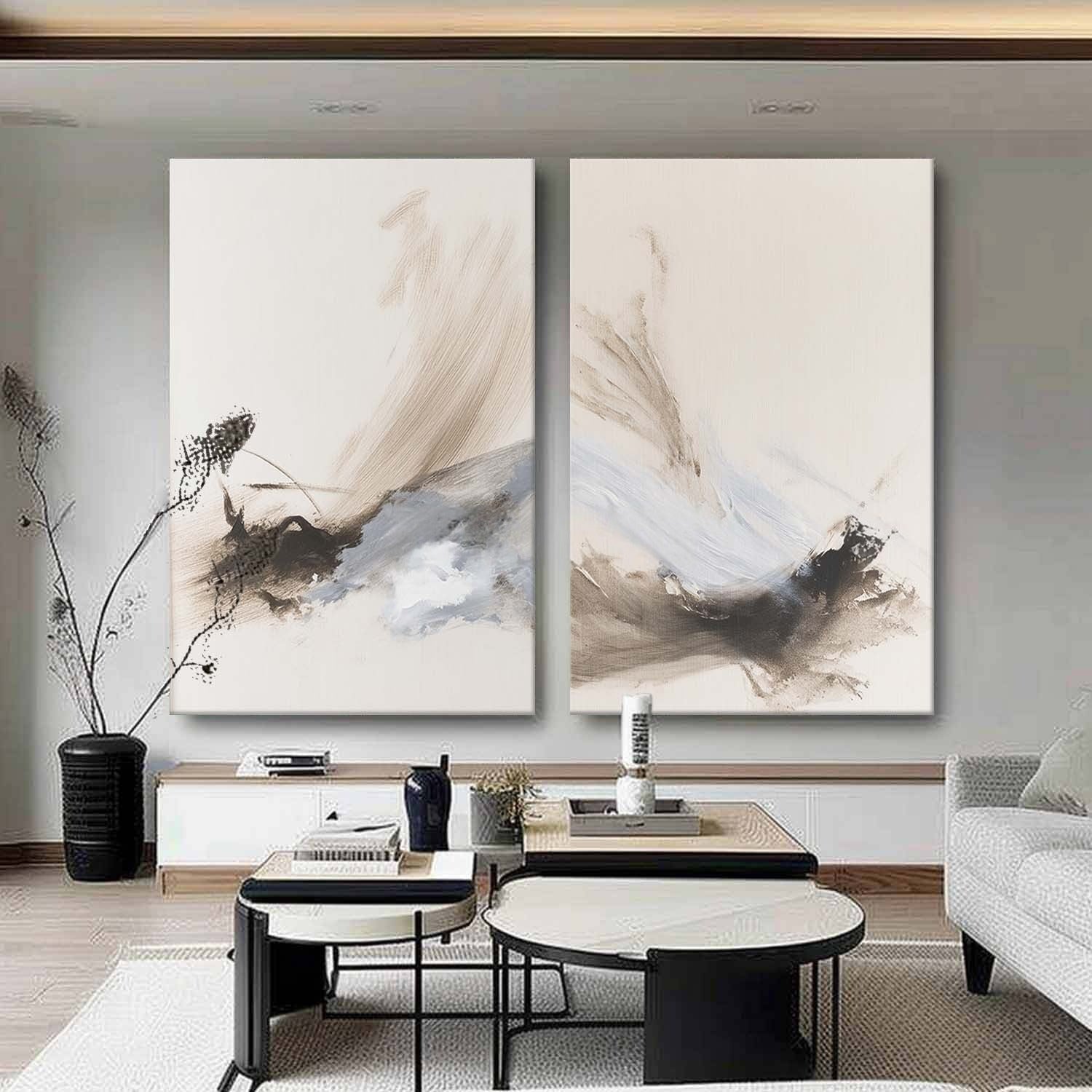 Wabi-Sabi Abstract Diptych Painting - Neutralighting