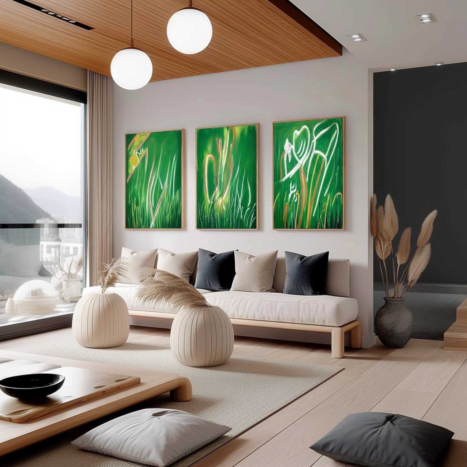 Wall Art Triptych Green Grass Abstract - Neutralighting