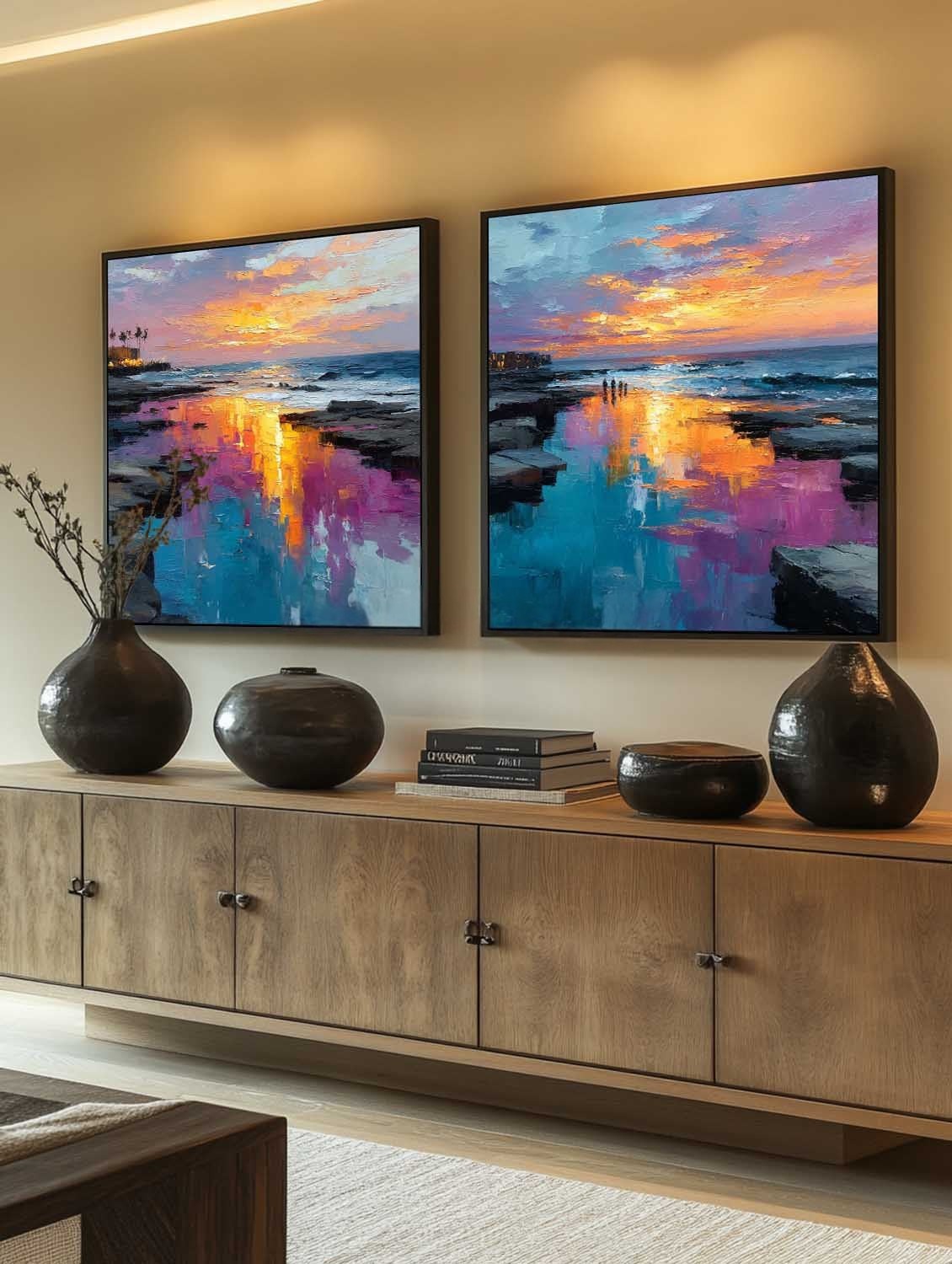 Coastal Sunset Diptych Impasto Painting - Neutralighting