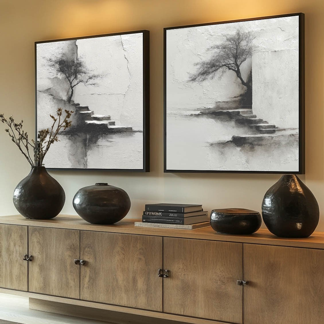 Wabi-Sabi Solitary Tree Diptych Painting - Neutralighting