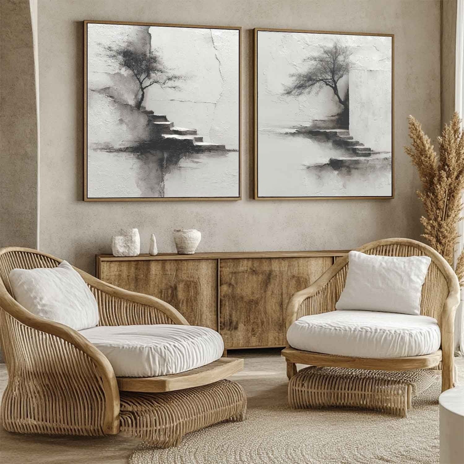 Wabi-Sabi Solitary Tree Diptych Painting - Neutralighting