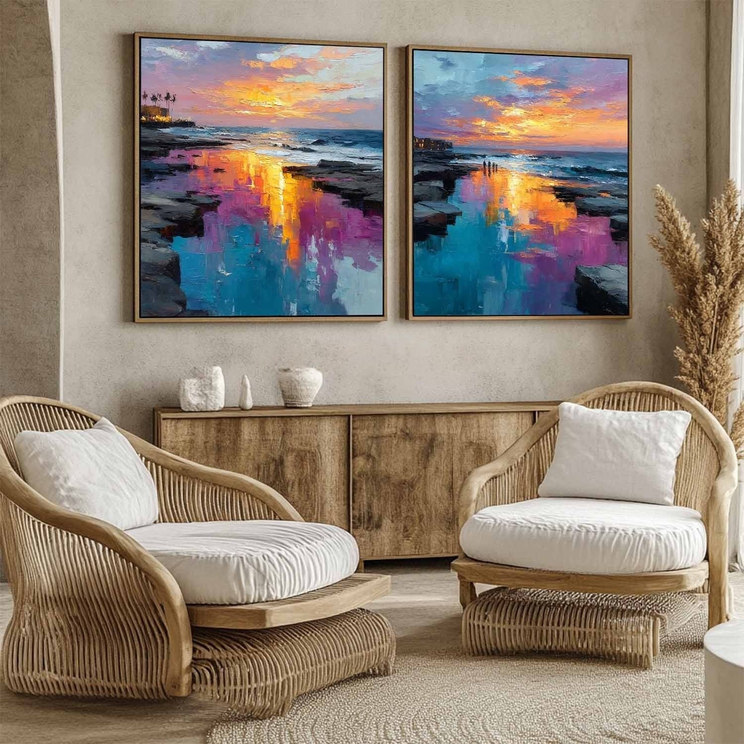Coastal Sunset Diptych Impasto Painting - Neutralighting