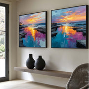 Coastal Sunset Diptych Impasto Painting - Neutralighting