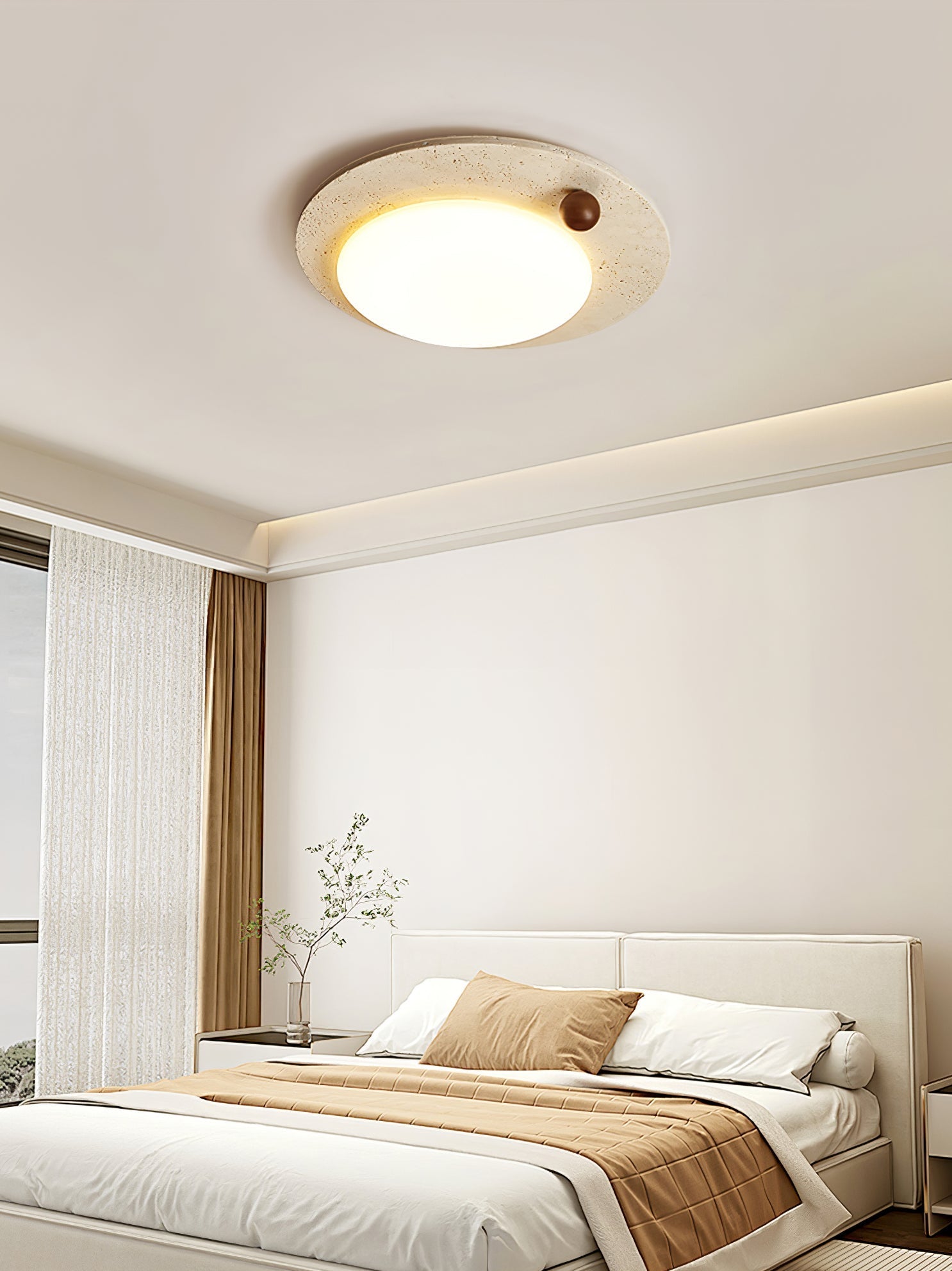 Circular Travertine Ceiling Light-Neutral Decor