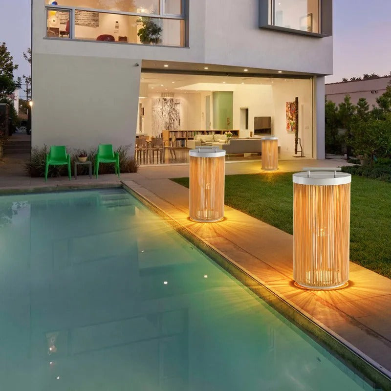 Ray Retro Metal/Rattan Floor Lamp, Hardwired/Solar/LED, Outdoor - Neutral Decor