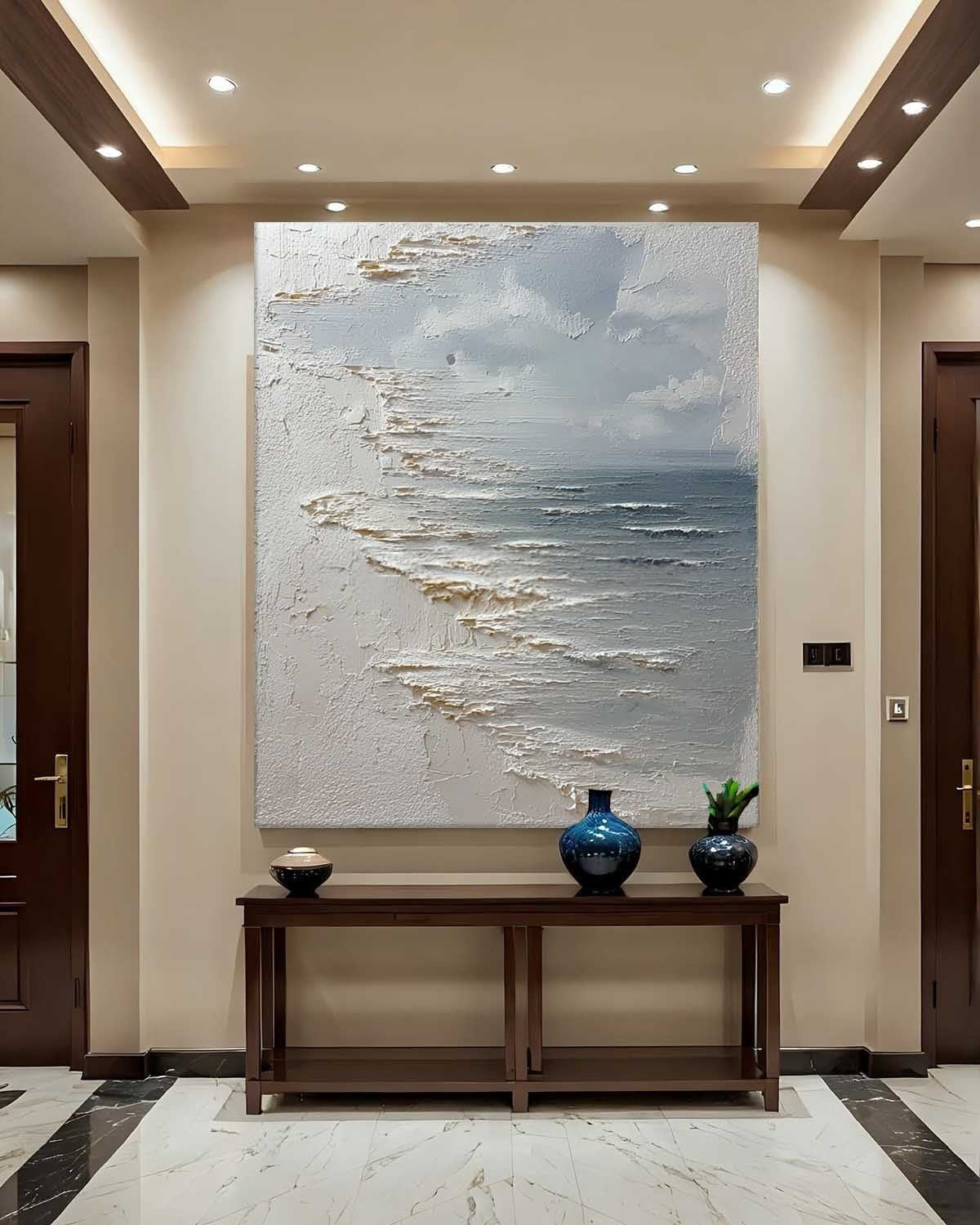 Wall Art Vertical Textured Abstract Sea Relief Scene Cool Coastal - Neutralighting