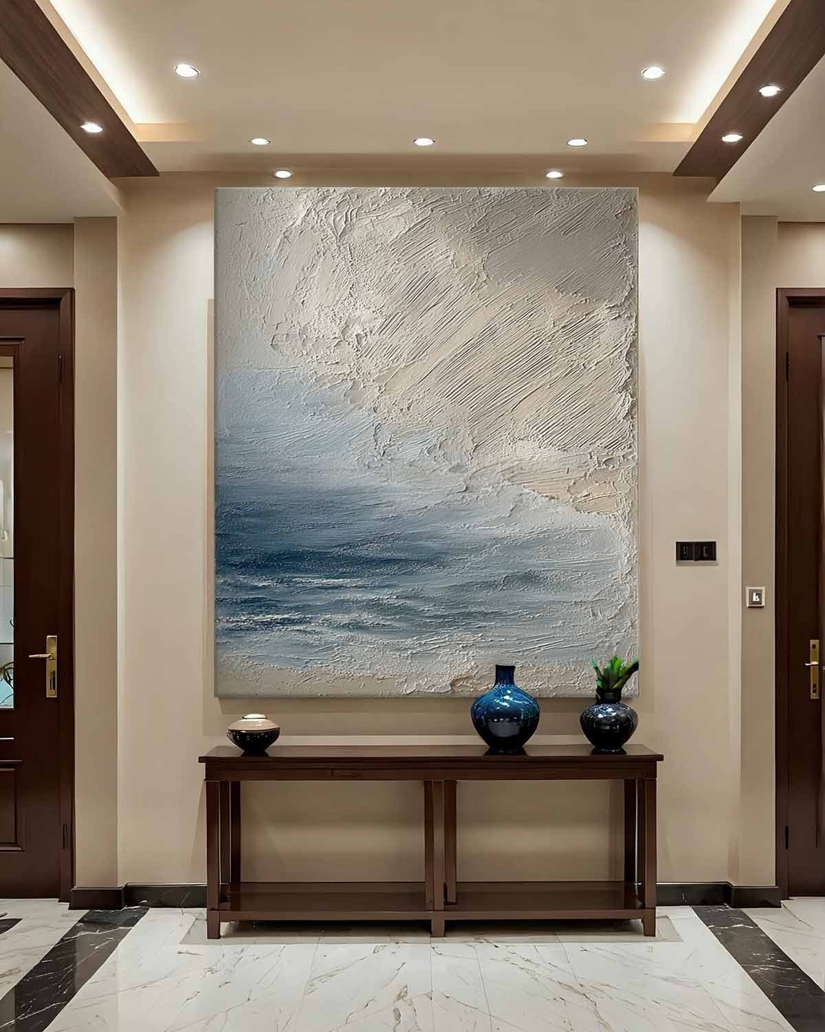 Wall Art Vertical Textured Abstract Sea Relief Scene Cool Coastal - Neutralighting
