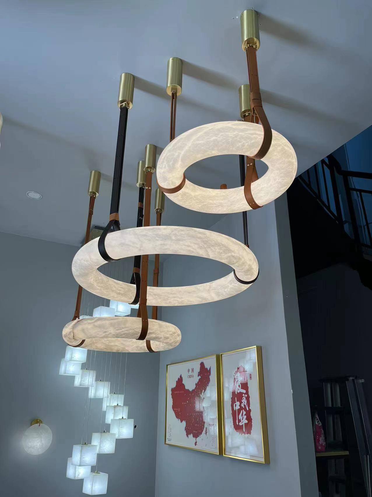 Tarys Alabaster Chandeliers Ring Leather Strap Version B-Neutral Decor