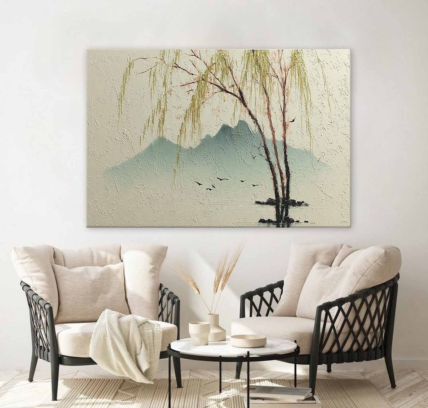 Wall Art Chinese Willow Mountain Landscape - Neutralighting