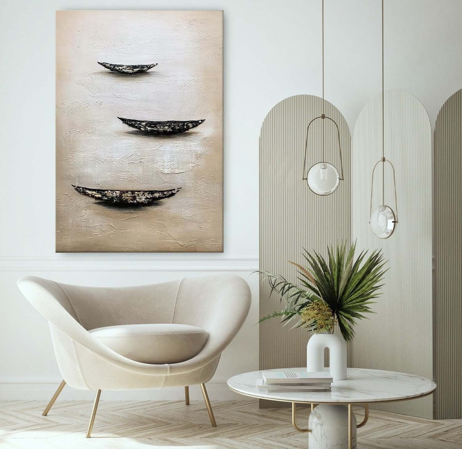 Wall Art Minimalist Boat Trio Serene Seascape - Neutralighting