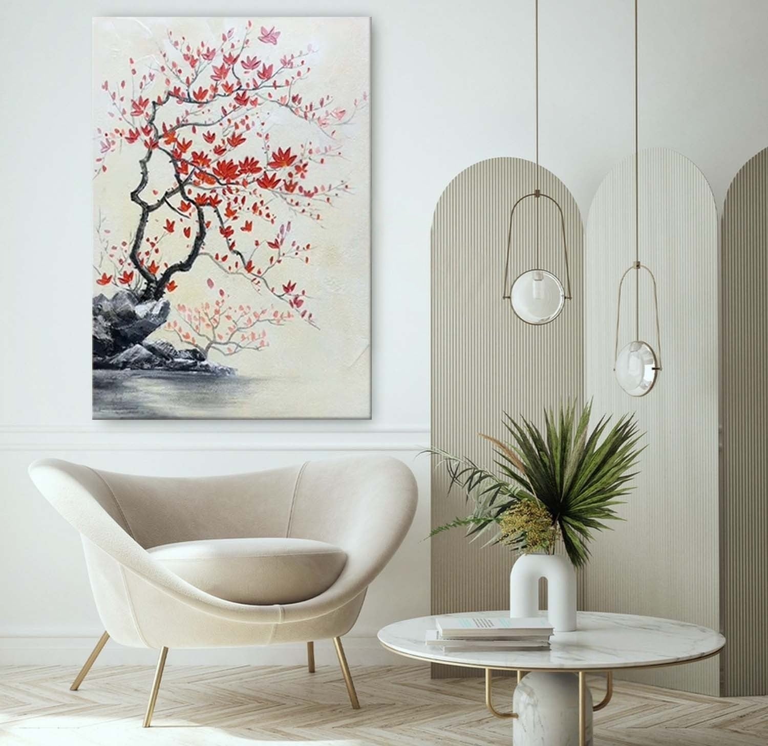 Wall Art Oriental Maple Blossom Rock Landscape - Neutralighting