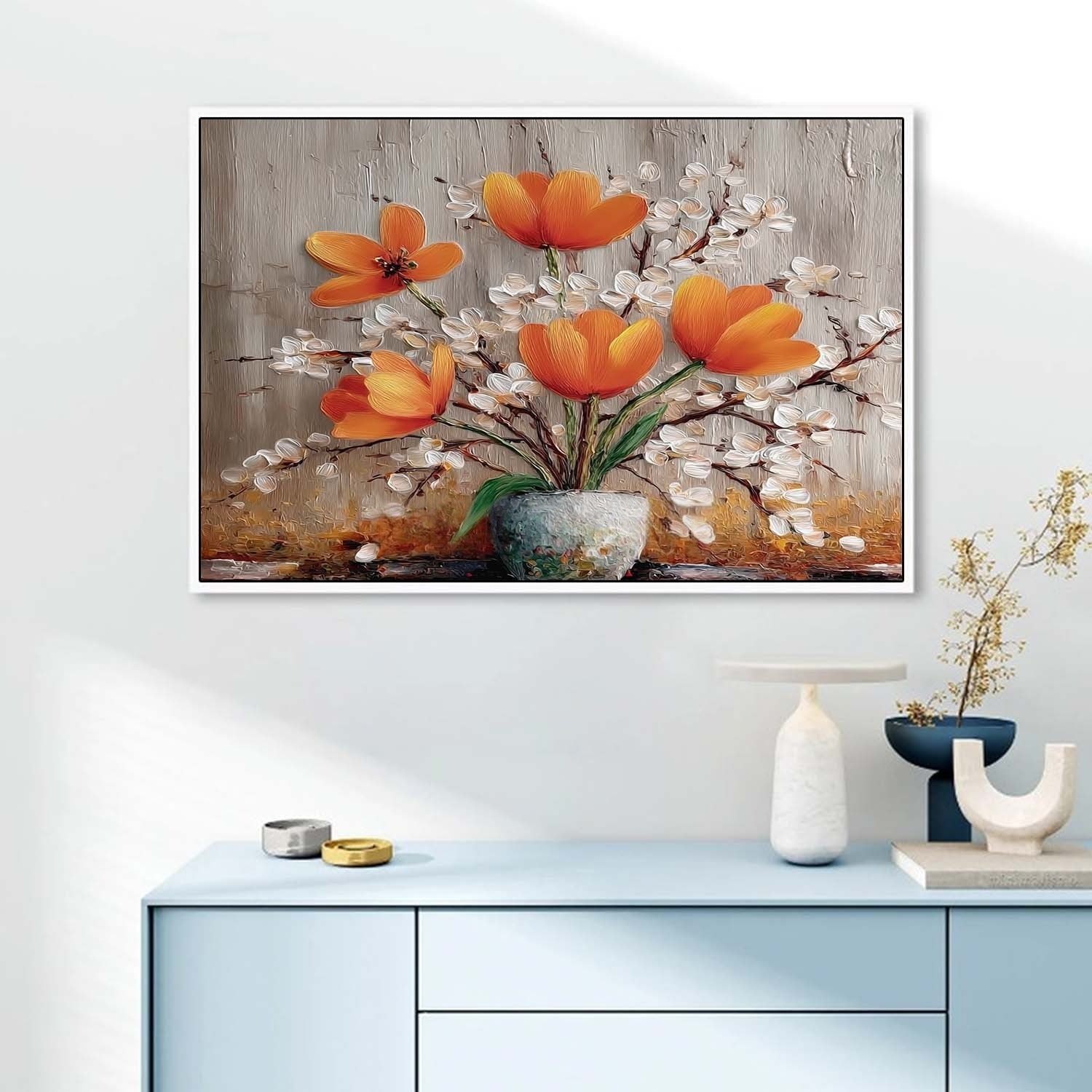 Wall Art Orange Tulip White Blossom Still Life - Neutralighting