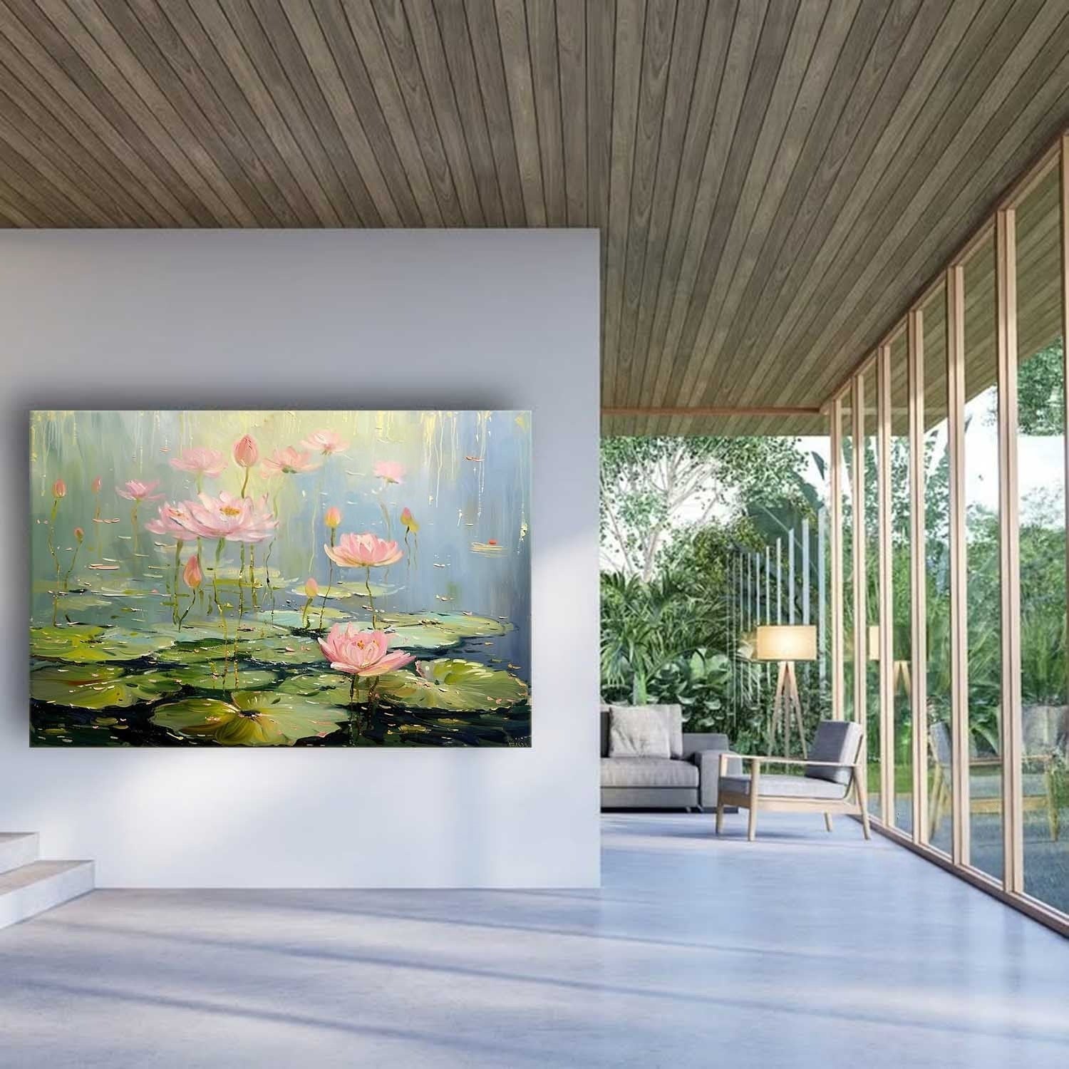 Wall Art Horizontal Lotus Pond Painting - Neutralighting
