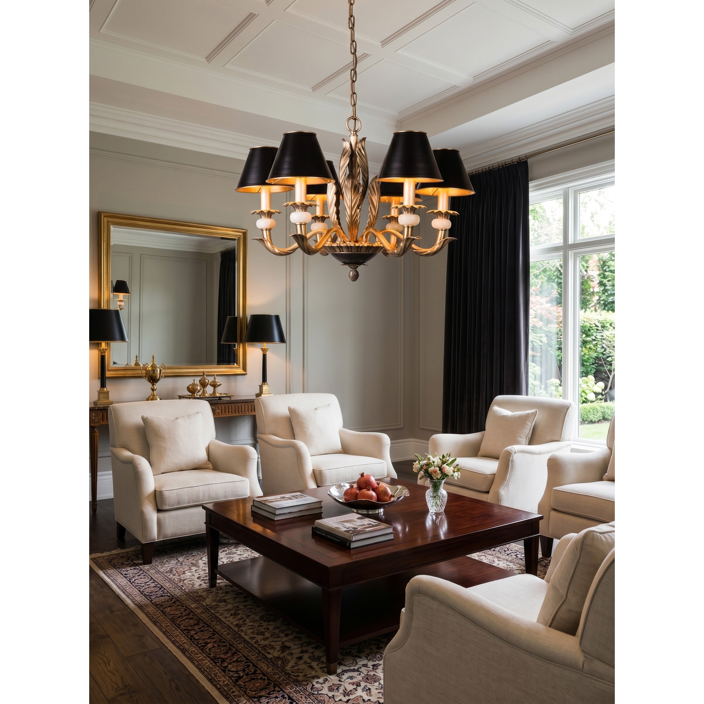 A black empire shade with gold trim, highlighting the fabric and finish.