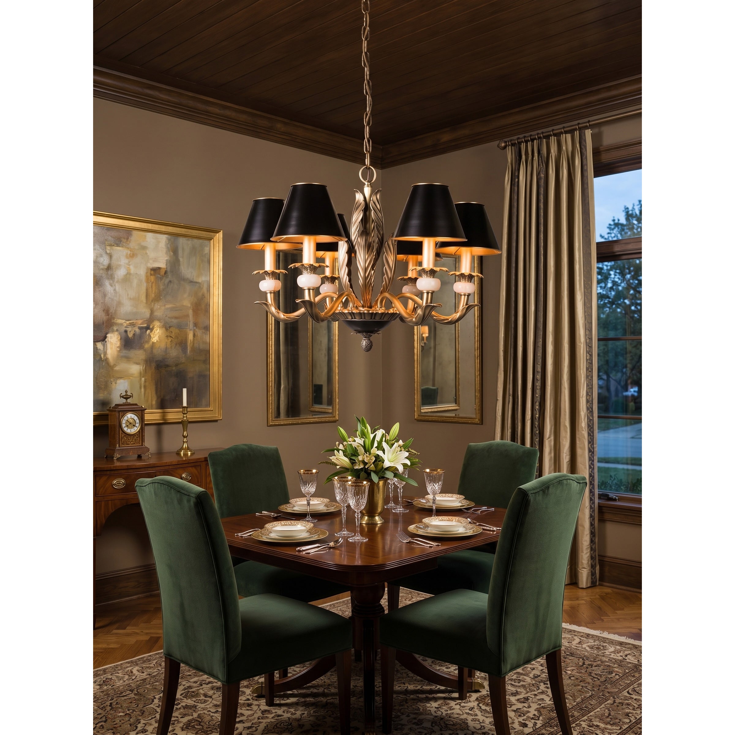 Detail of the hanging chain and ceiling canopy in a matching dark bronze finish.
