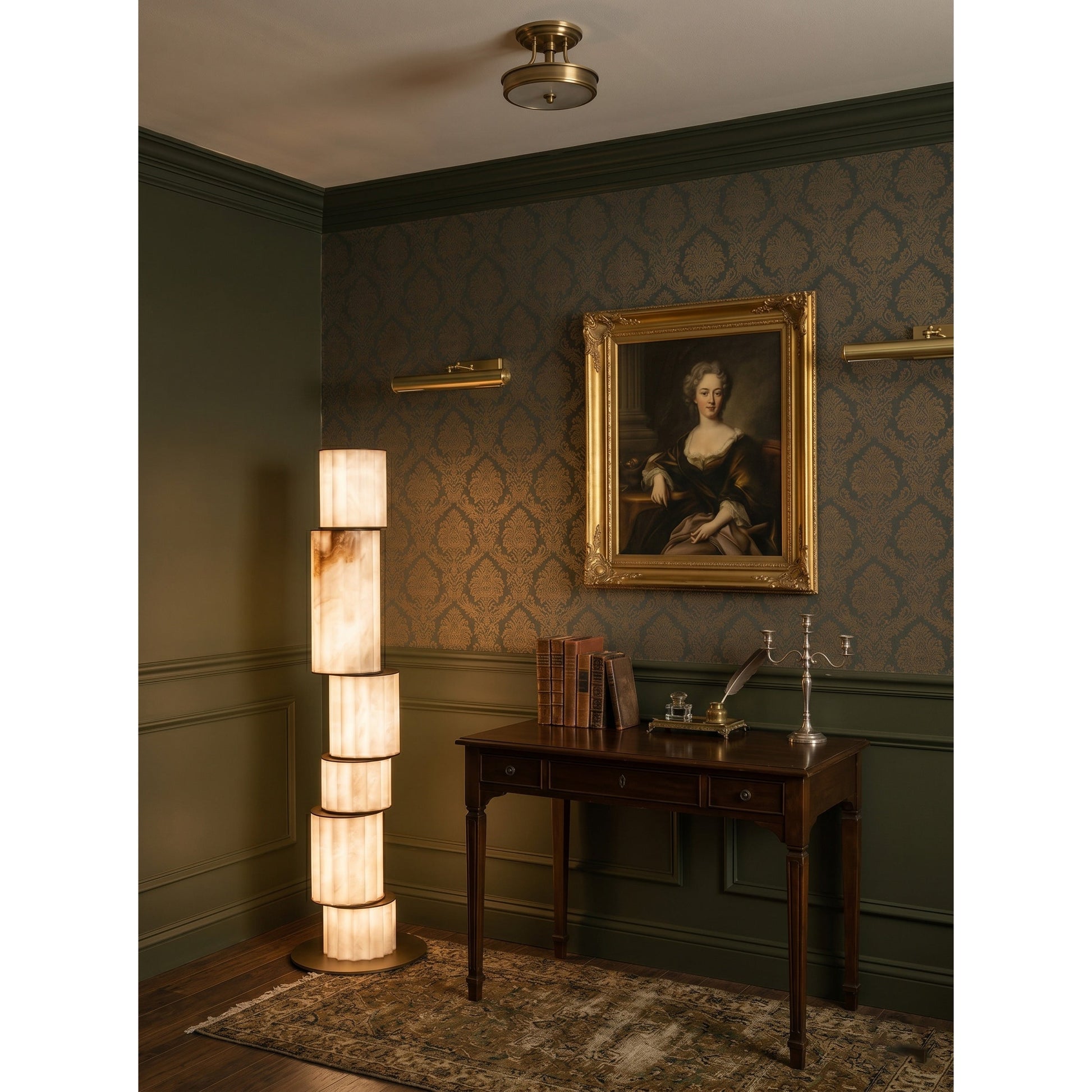 Apadana floor lamp placed in a bedroom reading nook.