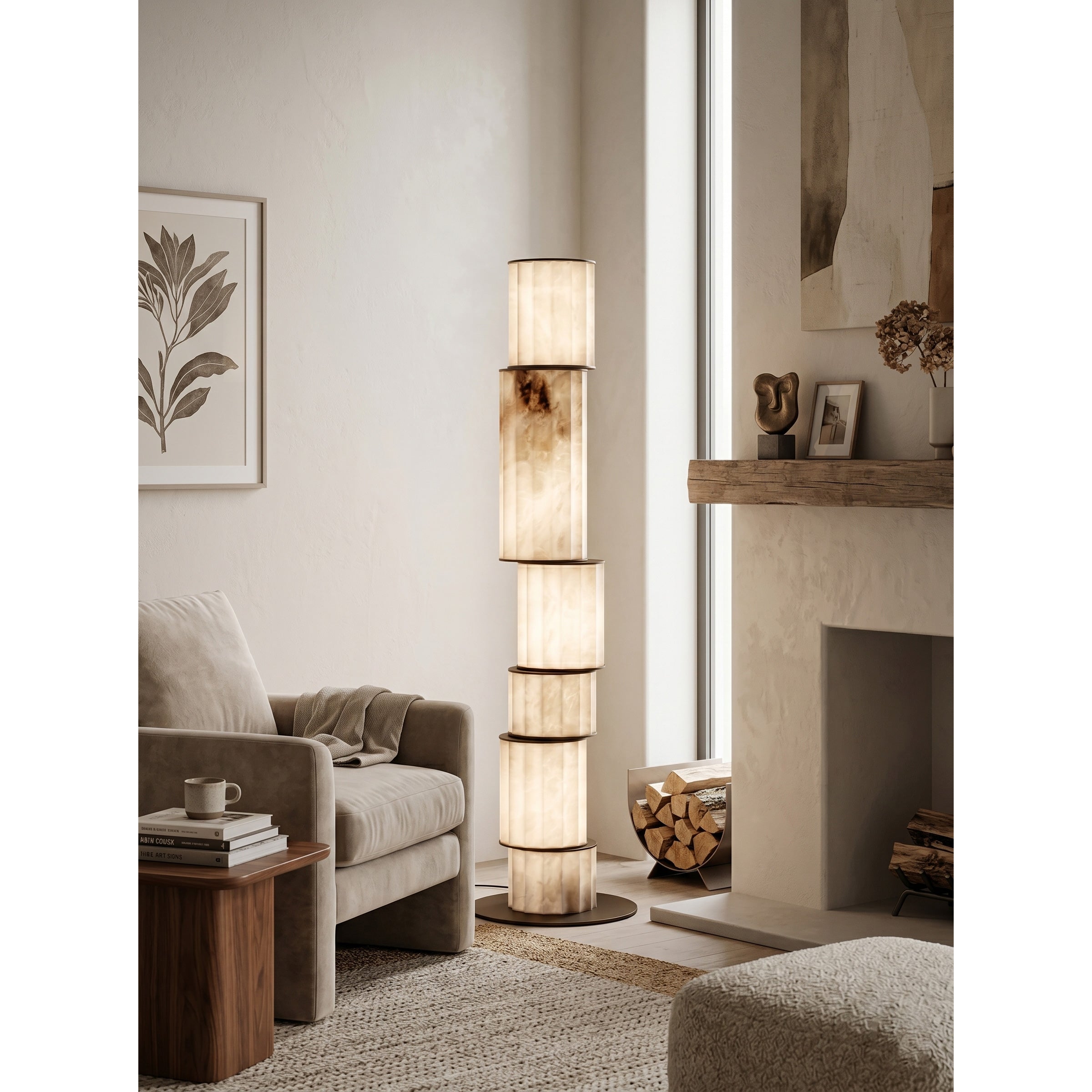 Full view of the 45-inch tall Apadana sculptural column floor lamp against a neutral background.