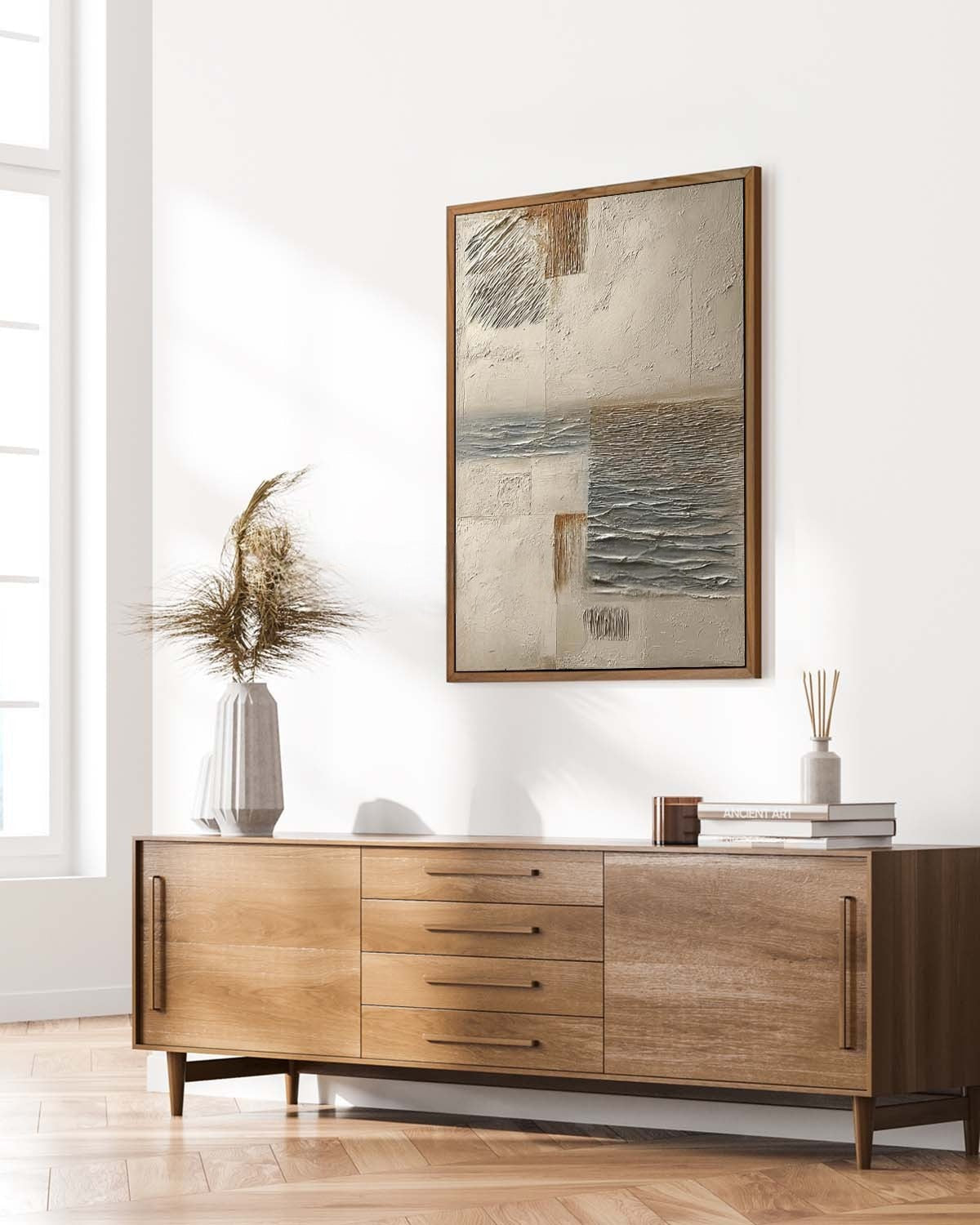 Wall Art Vertical Textured Abstract Landscape Scene Muted - Neutralighting