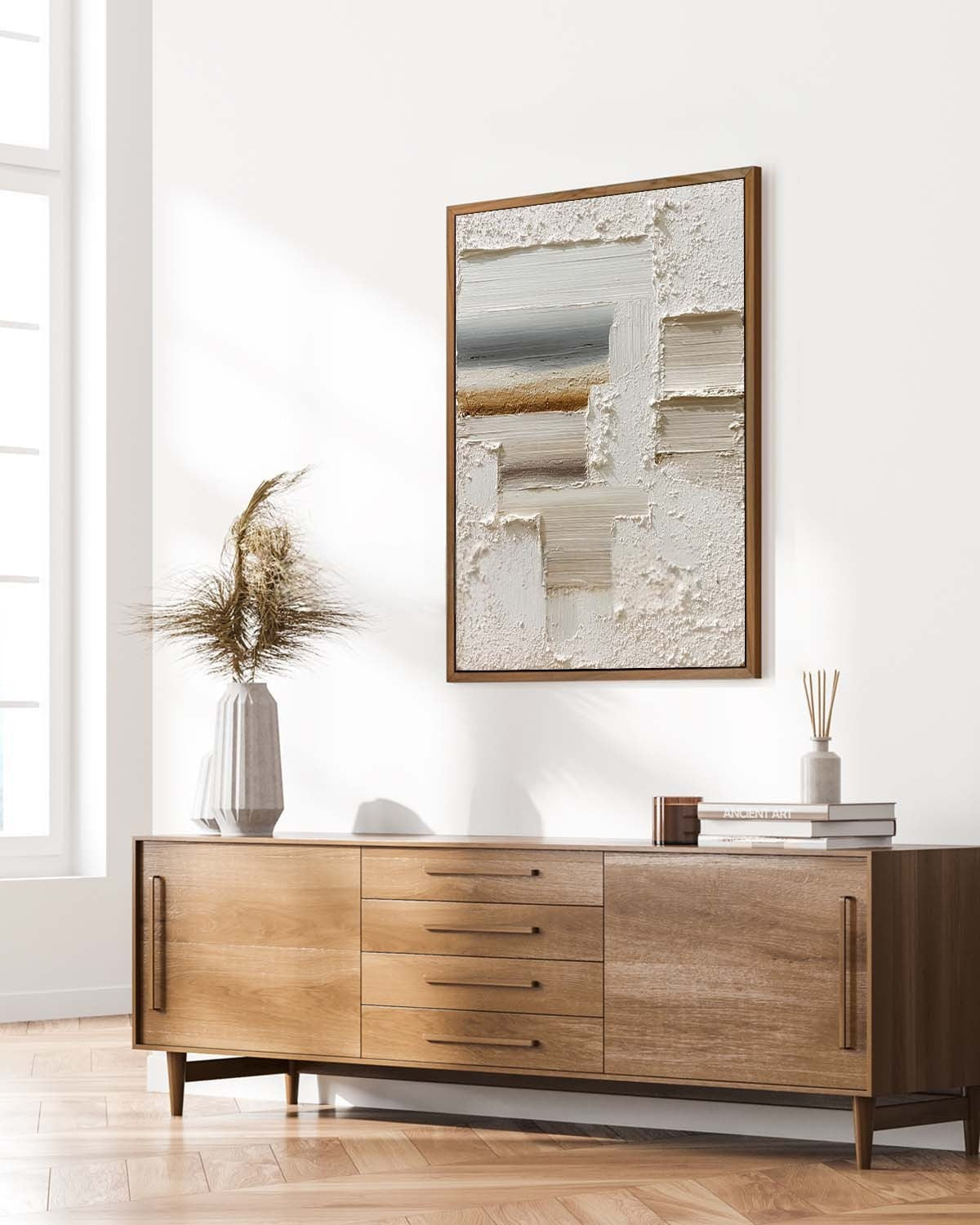 Wall Art Vertical Textured Abstract Geometric Scene Serene - Neutralighting