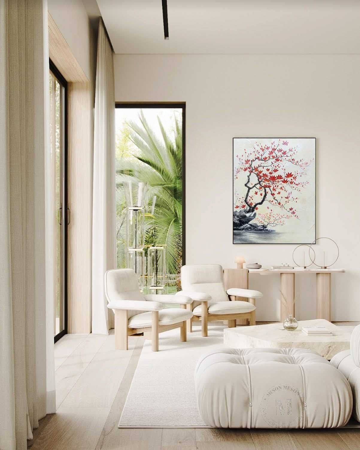Wall Art Oriental Maple Blossom Rock Landscape - Neutralighting