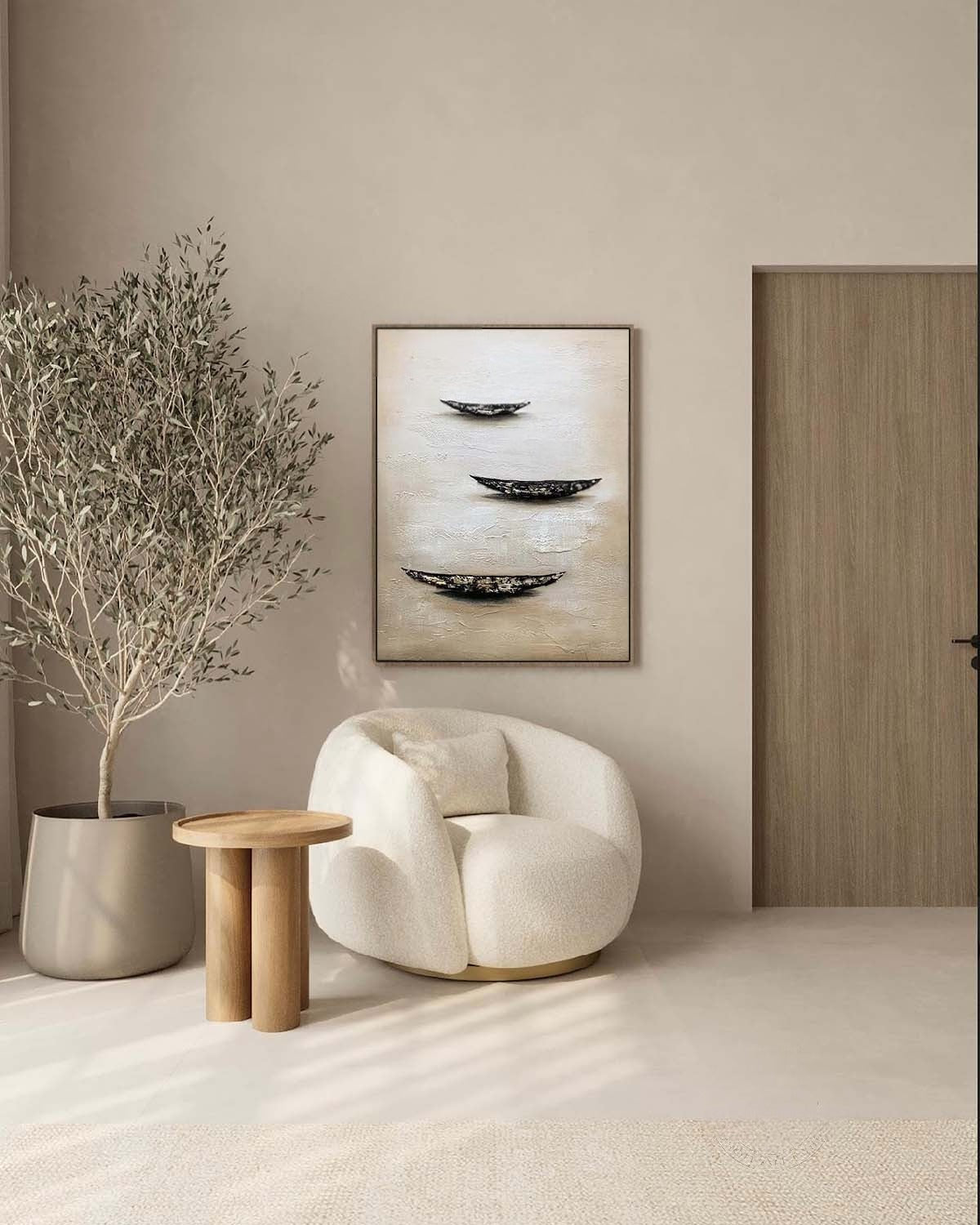 Wall Art Minimalist Boat Trio Serene Seascape - Neutralighting