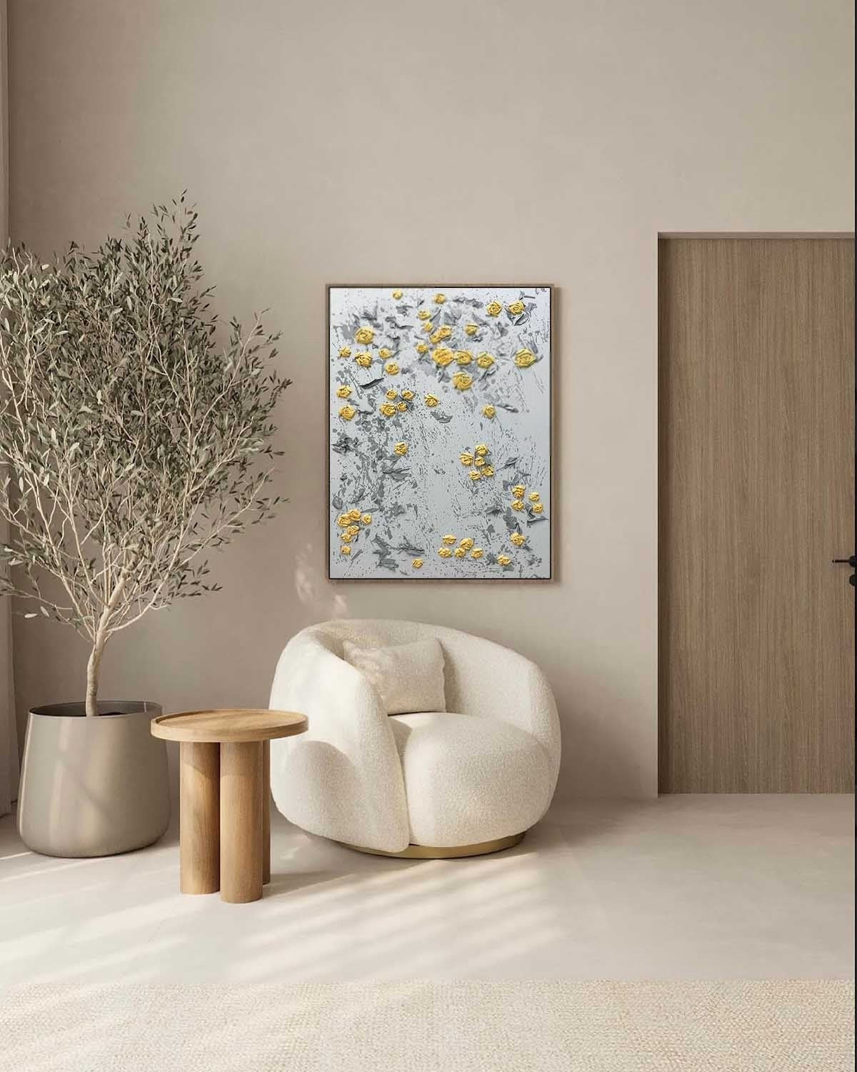 Wall Art Vertical 3D Impasto Yellow Rose - Neutralighting