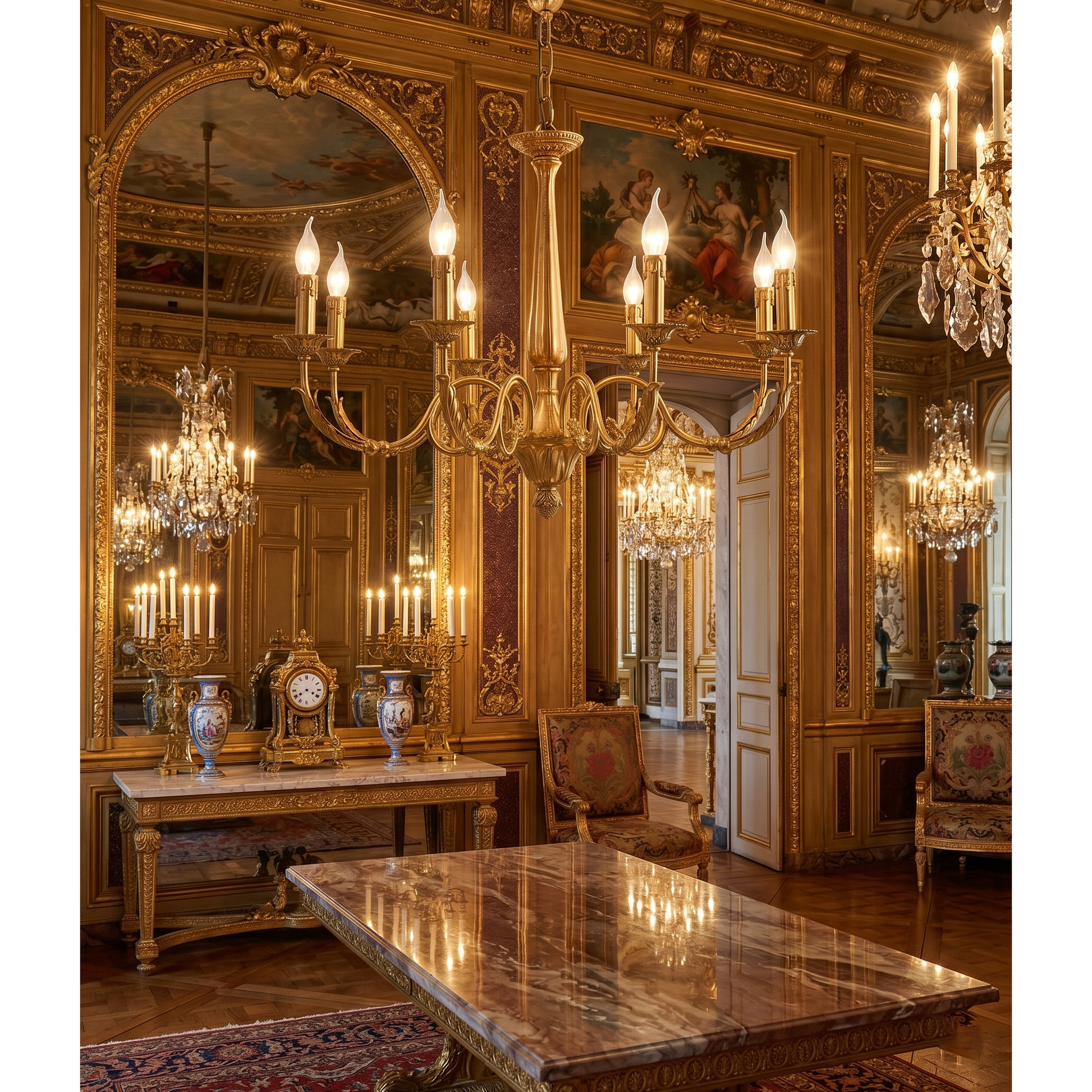 Lifestyle image of the chandelier in a high-ceiling foyer.