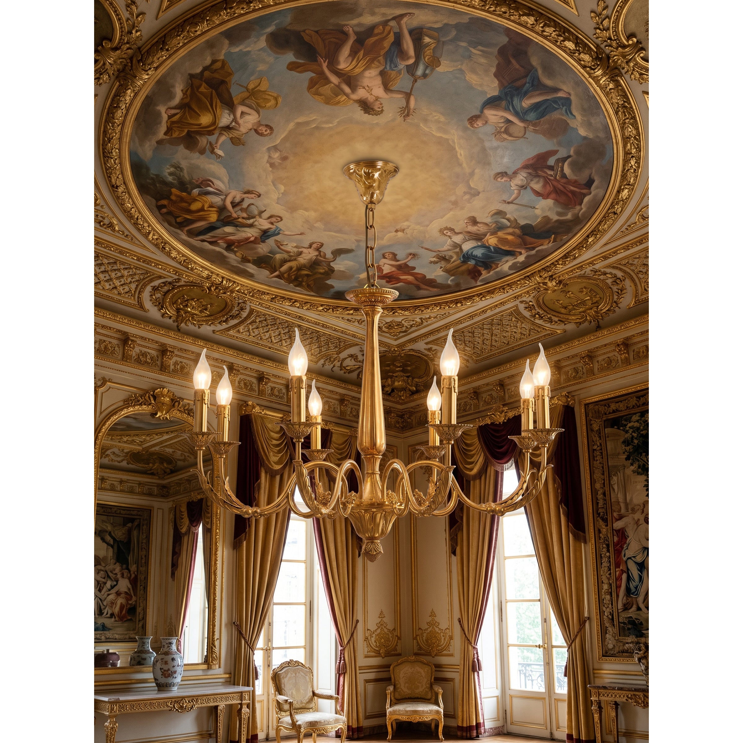Angled view of the elegant brass chandelier, highlighting its structure.