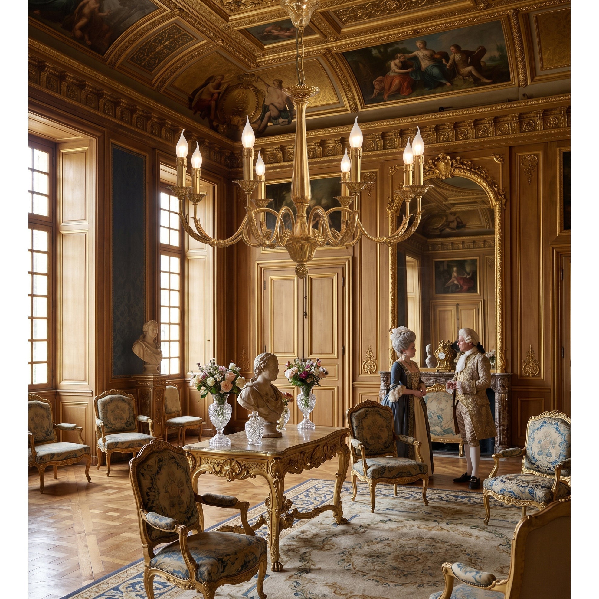 The chandelier's arms curving gracefully outwards.